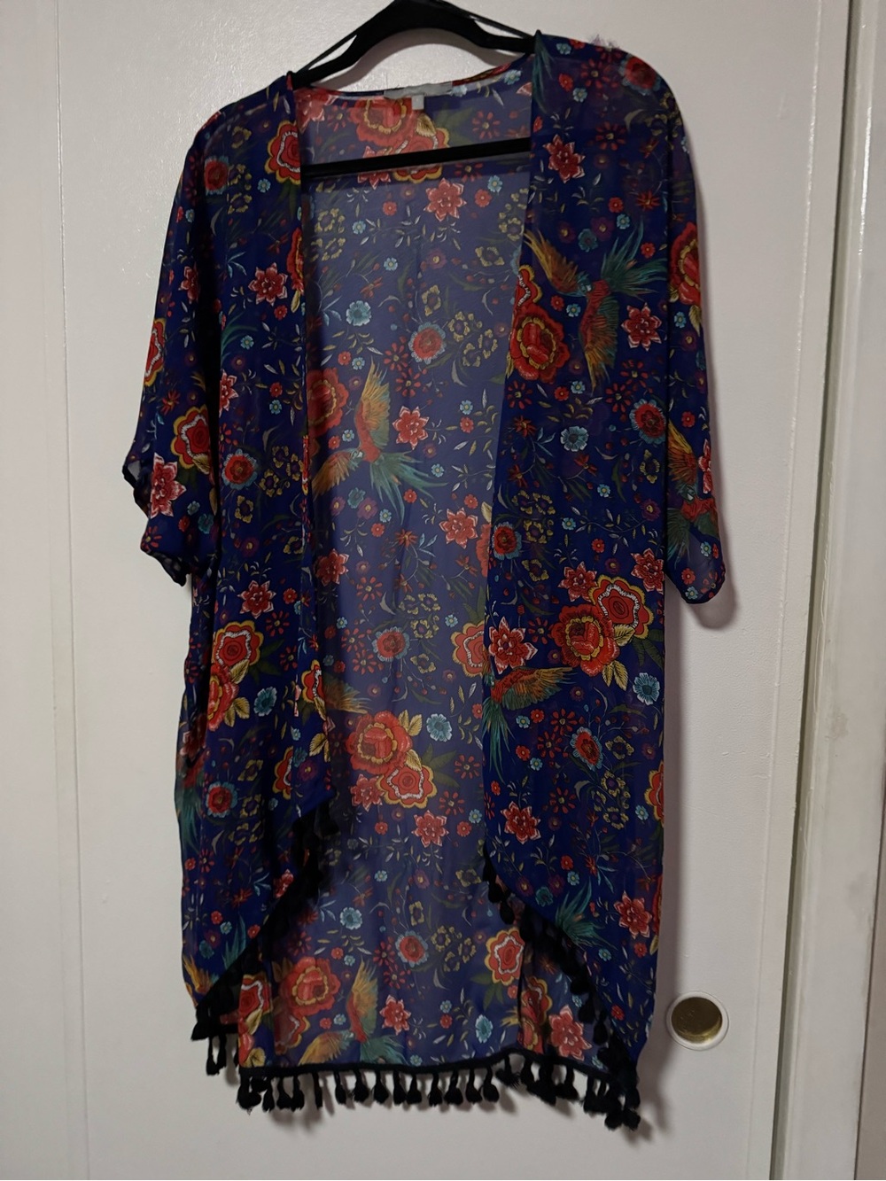 Sweet Rain Navy Floral Sheer Kimono with Multicolor Print and Tassel Trim